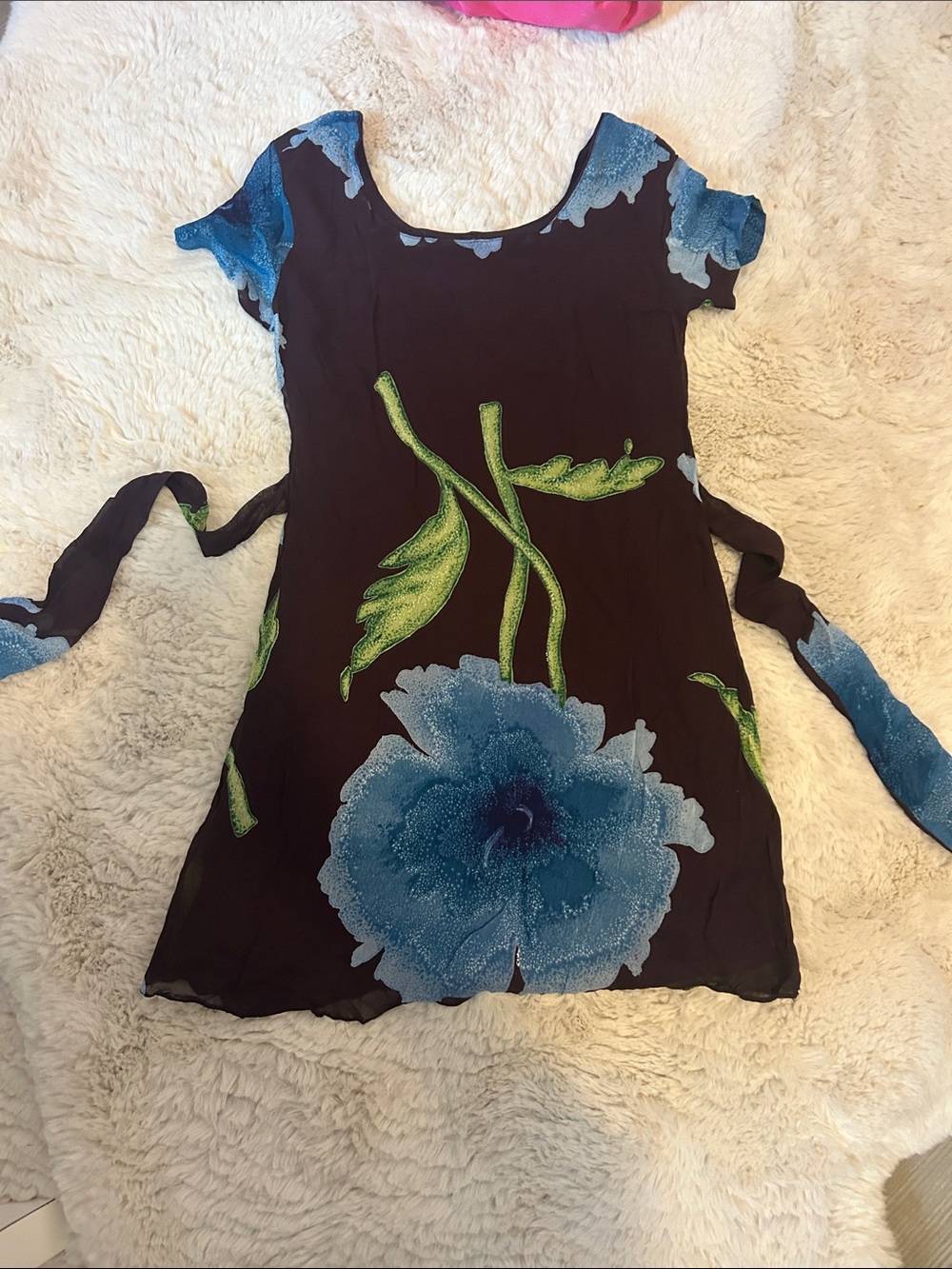 Nostalgia Brown Dress Top with Blue Floral Accents